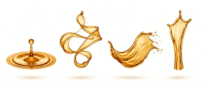 Horizontal set of four luxury golden marula oil splashes on white background 21:9