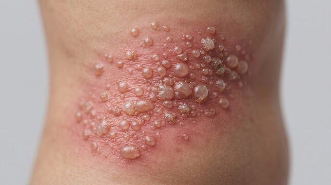 Macro shot of painful skin rash with clustered blisters caused by Shingles Herpes Zoster virus