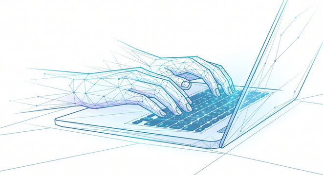 Digital 3d human hands typing on computer or laptop keyboard. Office work, workplace or business concept. Abstract vector wireframe isolated in white. Low poly sketch drawing with dots an