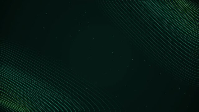 Abstract dark green background with glowing neon green and teal wavy topographic contour lines in the corners and floating dust particles. Ideal seamless loop for tech videos.