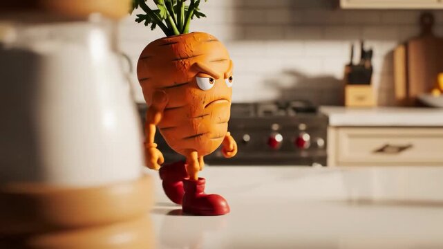 Grumpy Carrot Character Walks in Kitchen - Animated Vegetable Character Motion