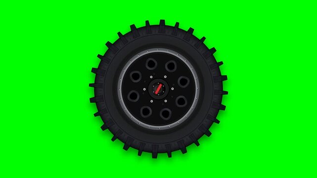 A rugged 2D animation of a heavy-duty off-road wheel isolated on a chroma green background.