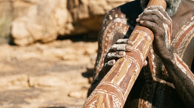 Close up of a didgeridoo played by an Indigenous Australian with traditional body paint