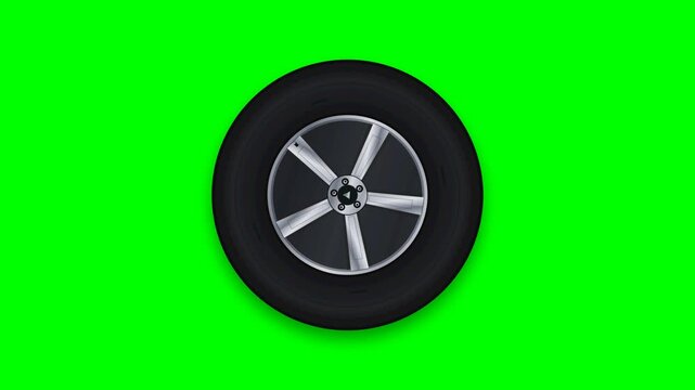 A detailed, realistic 2D animation of a alloy car wheel with a thick rubber tire, spinning at a moderate speed isolated on a chroma green background.