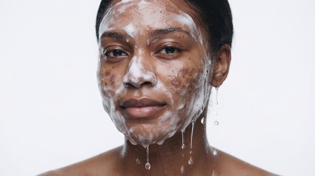 Black woman with acne prone skin cleansing face with foaming wash
