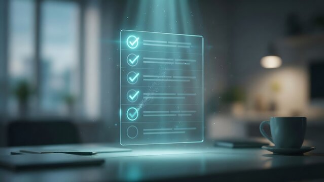 Digital holographic checklist projected on office desk