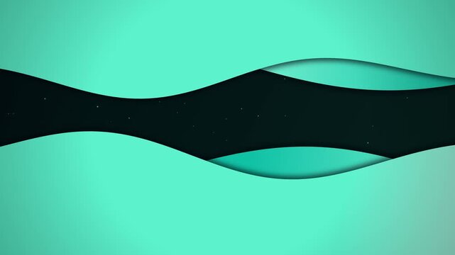 Abstract dark starry background framed by smooth waving mint green and teal 3D layered cutout waves on top and bottom. This seamless motion graphic loop is ideal for presentations.