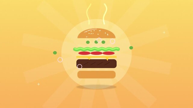 Animated burger ingredients floating around center in sunburst effect