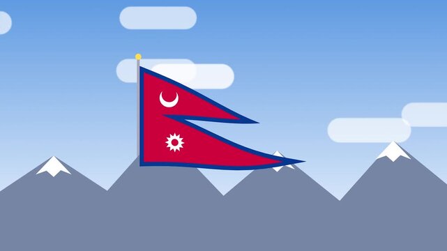 Animated flag of Nepal waving against blue sky and mountain background loopable motion graphics concept
