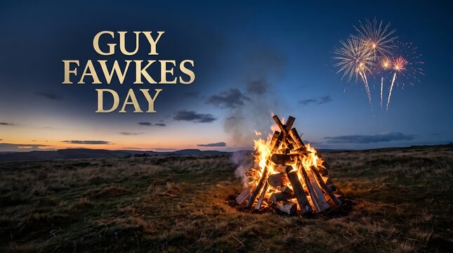 Guy fawkes bonfire with fireworks lighting night sky