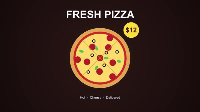 Animated pizza preparation sequence with pepperoni and olives topping on plain background minimalist food art
