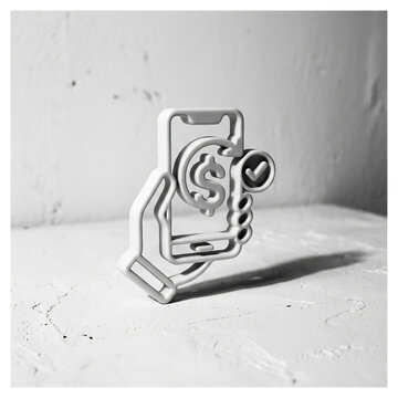 White 3D mobile banking icon depicting digital money transfer and successful payment on smartphone on a textured surface.