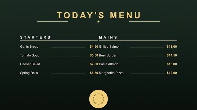 Animated restaurant menu template featuring list of starters and main courses on dark green background