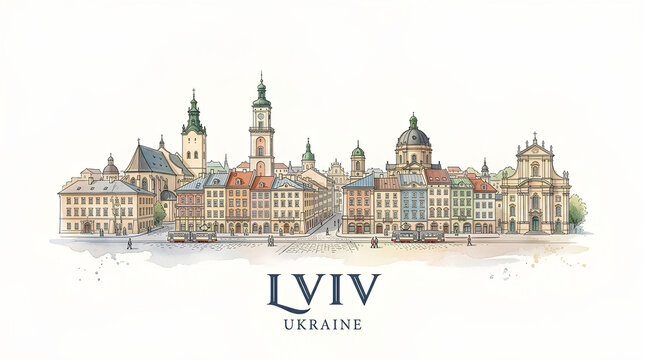 Panoramic watercolor illustration of the historic skyline of Lviv Ukraine capturing its ornate architecture and iconic churches