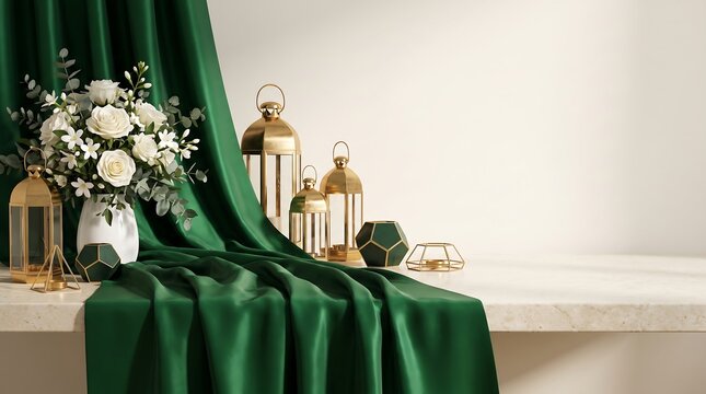 Emerald green silk drapery and floral arrangement rest upon a light beige marble surface bouquet ceremony cloth composition cream decor