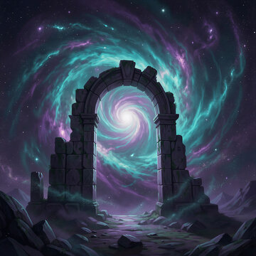 This image depicts an ancient stone archway against a vibrant, swirling nebula. Stardust drifts around the ruins, evoking isolation in the vastness of space. Rendered as a cinematic digital painting.