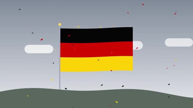 Animation of german flag appearing on flagpole against grey sky background for national celebration concept