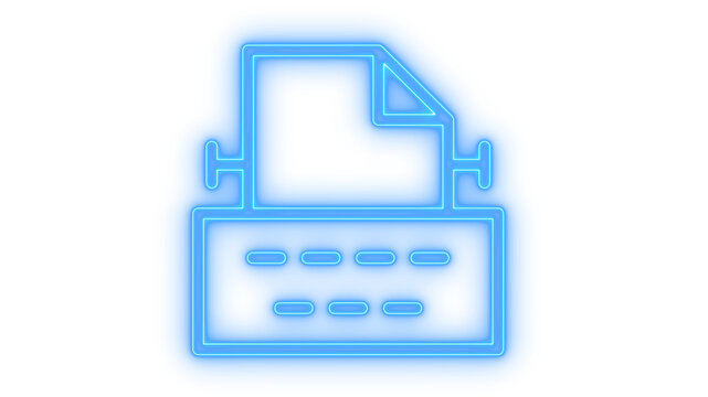 Glowing neon typewriter icon isolated on transparent background. Retro typing machine. Copywriting symbol. Author writer tool. Vintage keyboard.