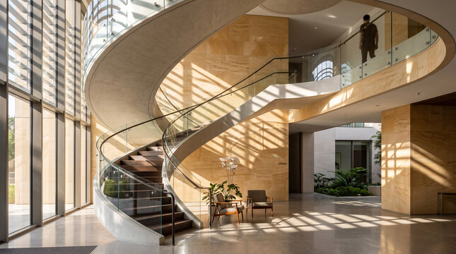 Modern spiral staircase in a sunlit luxury lobby with geometric shadows