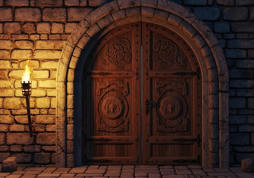 Ancient Castle Entrance with Ornate Wooden Doors and Torchlight.