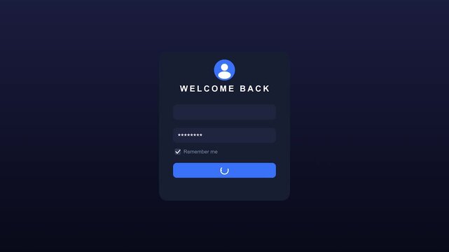 Clean animated login form on dark interface displaying username password entry and successful authentication