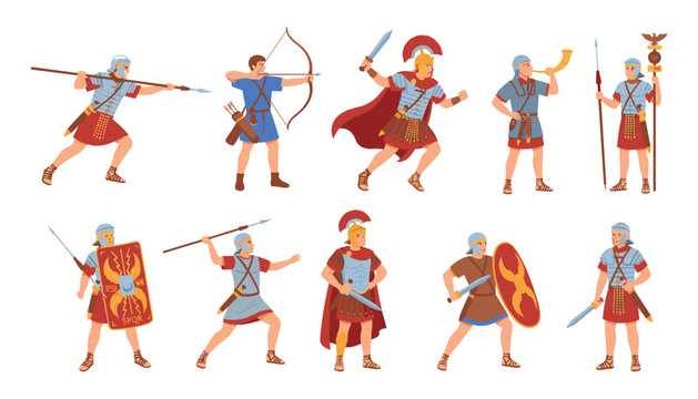 Ancient Roman army soldiers vector set featuring gladiators legionaries centurions archers and warriors with historical weapons shields and armor