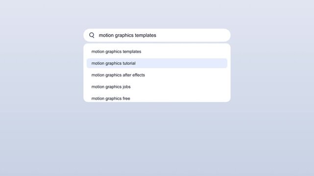 Clean vector animation of web browser search engine bar finding video templates and showing three results
