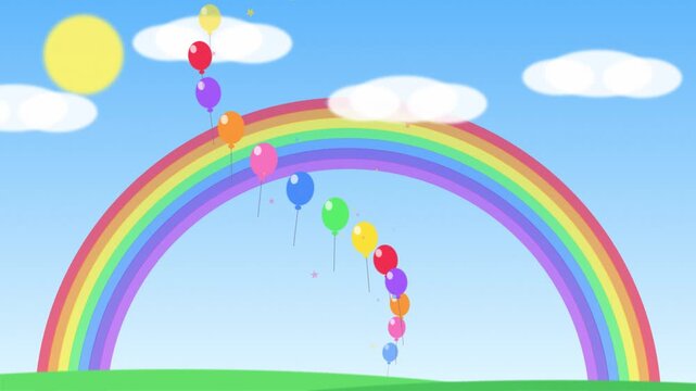 Colorful balloons floating upward behind bright rainbow against blue sky with clouds in loopable motion