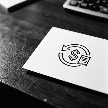 Minimalist black and white finance icon showing dollar sign return arrow on white card on wooden office desk table