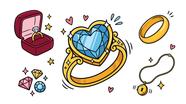 Luxury gold jewelry collection doodle set featuring heart sapphire ring, velvet box, wedding band, sparkling diamonds, and lock pendant necklace