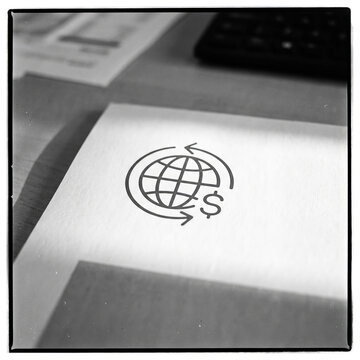 Global Finance and International Currency Exchange Icon Printed on Paper at Office Desk Workplace Concept