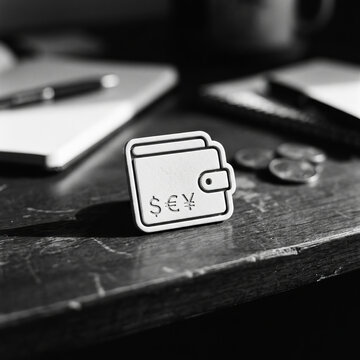 Minimalist black and white concept of a wallet icon with global currency symbols on a wooden desk.