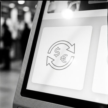 Modern currency exchange terminal interface showing dollar to euro conversion icon on a digital kiosk screen in monochrome.