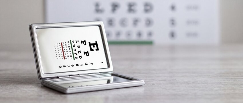 Open compact mirror reflecting an eye test chart on a wooden table with blurred optometry chart background