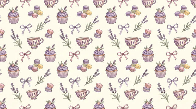 Seamless pattern with lavender cupcakes and tea cups for bakery