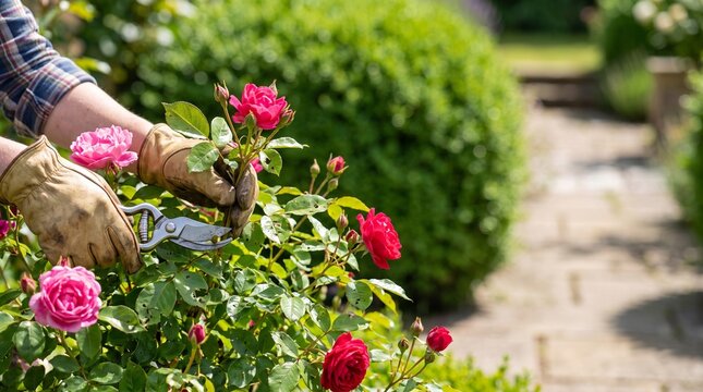 gardening pruning rose bush with pruners and gloves, blooming pink and red flowers, sunny outdoor backyard garden landscape, hobby and leisure