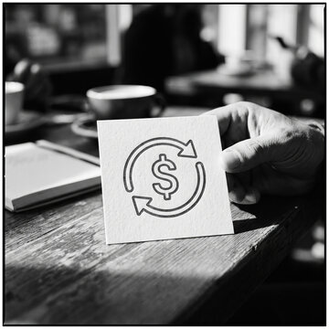 Person holding paper with dollar symbol and rotation arrows, concept of money transfer, investment, and financial cycle.