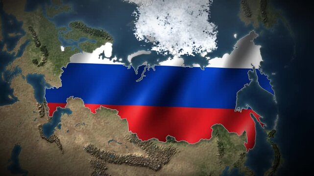 Russia flag waving inside country map on satellite terrain map with Arctic ice, national flag map of the Russian Federation