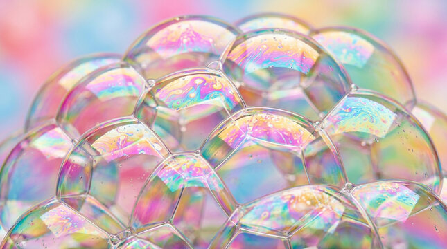 Translucent soap bubbles with iridescent rainbow reflections in macro view