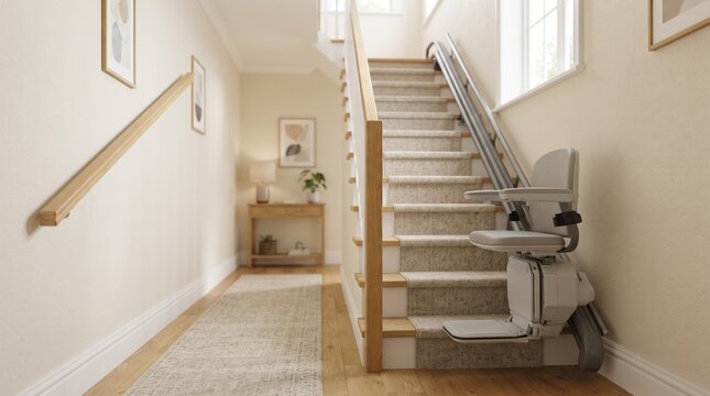 Modern stair lift installed on residential carpeted staircase, interior home hallway, accessibility equipment