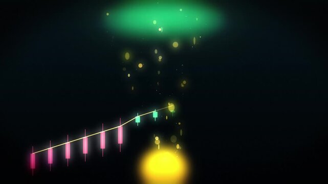 Financial stock market chart showing growth with candlestick patterns animated against glowing neon background