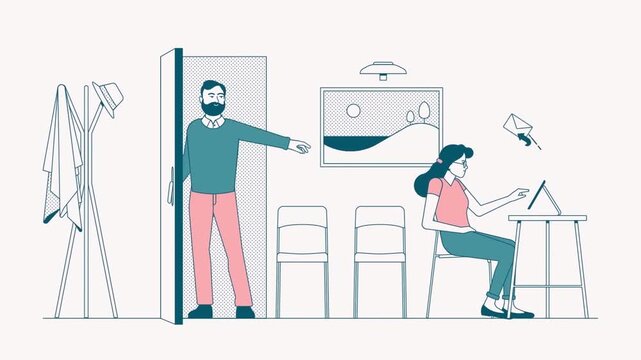 Animated vector office scene featuring woman working on tablet and man arriving at doorway in motion clip