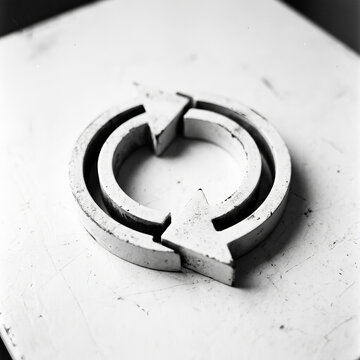 Minimalist Industrial Recycle Symbol on Textured White Surface, Black and White 3D Refresh Icon for Sustainability and Circular Economy