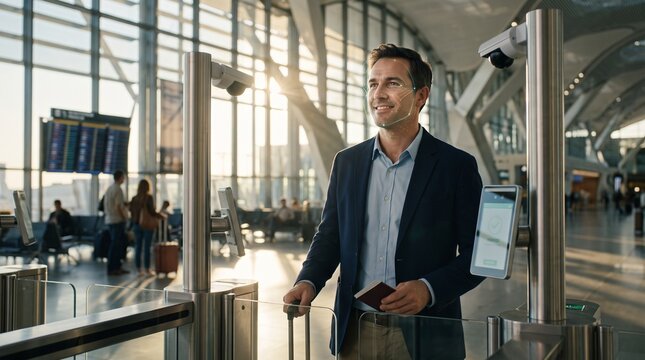 Businessman passing through airport security checkpoint with biometric facial recognition scanner and digital passport gate, modern terminal interior background