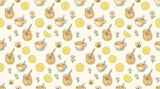 Seamless repeating pattern with cute honey lemon tea and bee