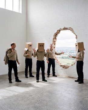 Surreal conceptual image of four identical men with cardboard boxes on heads and one without standing near a large holey