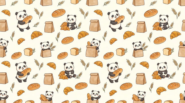 Seamless pattern with cute panda bears and bakery bread items for