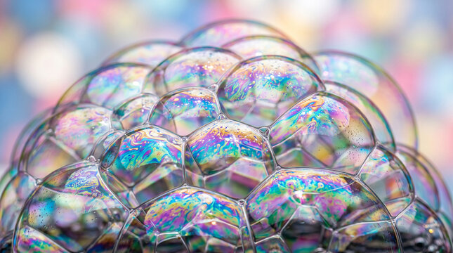 Translucent soap bubbles with iridescent rainbow reflections in macro view