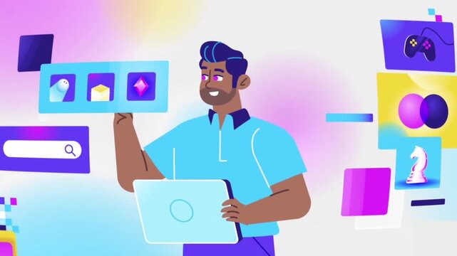 Animated video footage of a young man using a laptop surrounded by floating digital icons and user interfaces