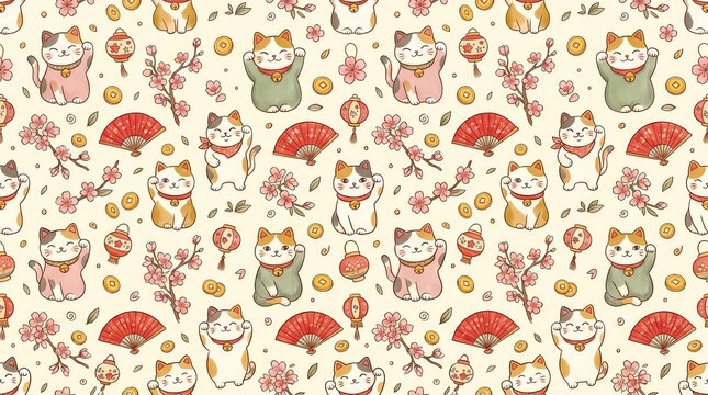 Seamless pattern with cute fortune cats and cherry blossoms for